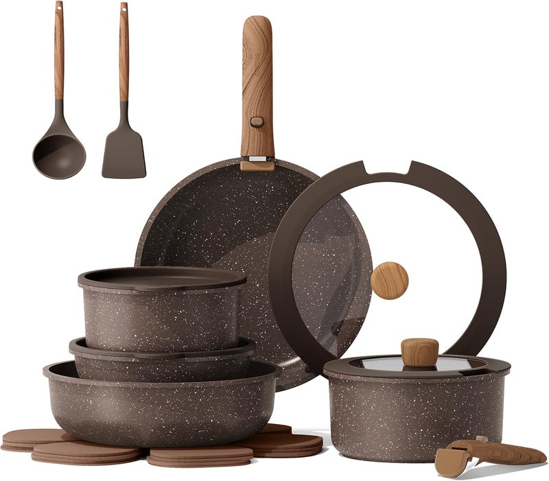 CAROTE 17PCS Pots and Pans Set Non Stick with Detachable Handle, Nonstick Cookware Sets, Cooking Kitchen Set, Oven/Dishwasher Safe, Induction Cookware, Brown, RV Kitchen Pot and Pan - Image 1